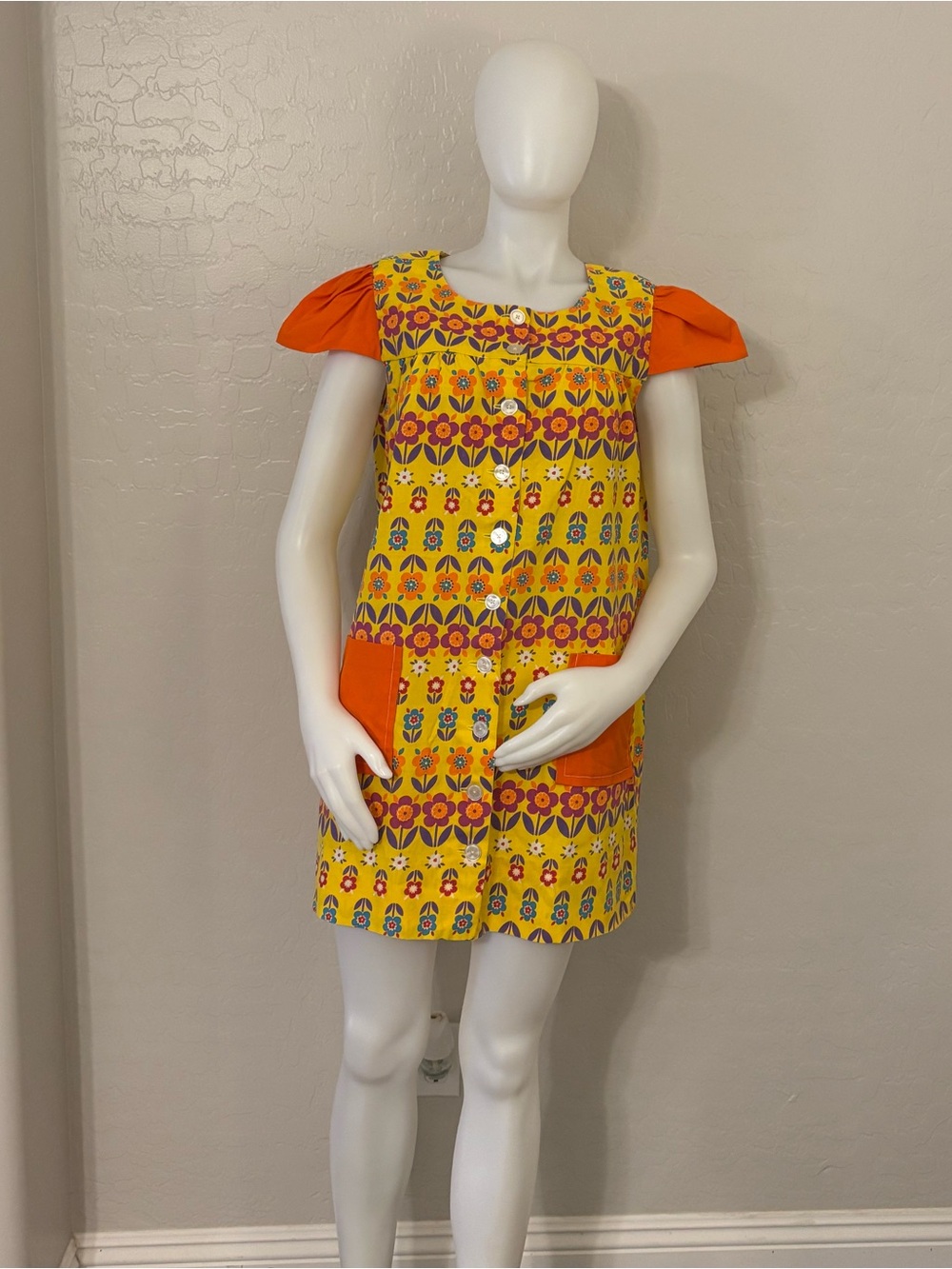 Vintage Handmade Orange and Yellow Floral Button Down Shift Mini Dress Medium